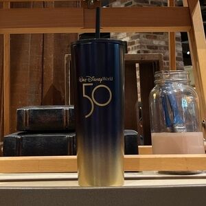 Walt Disney World 50th Anniversary Starbucks Black & Gold Metal Tumbler.